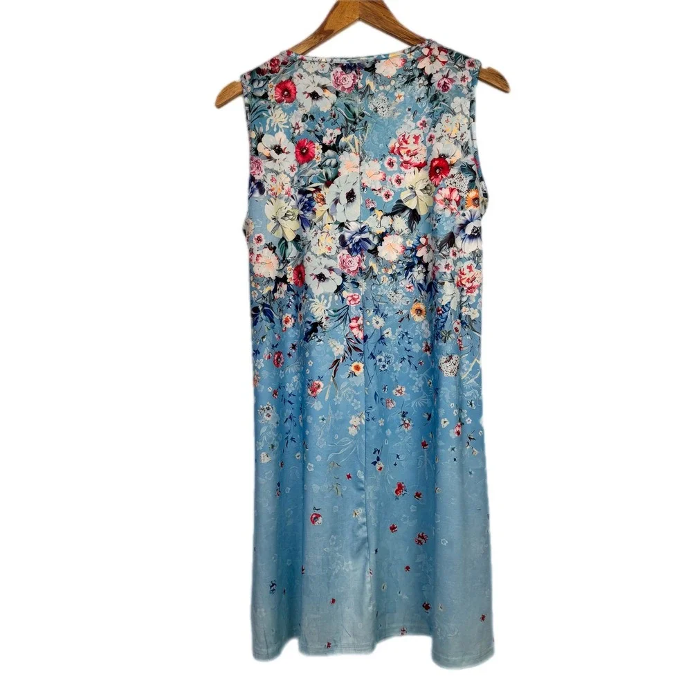 Floral Sleeveless Shift Dress Women L Blue Grommet Strap Casual Summer Mini - Picture 3 of 8